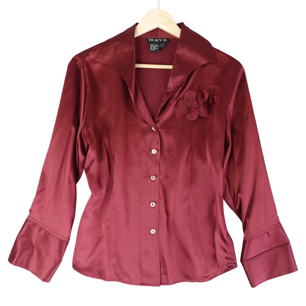 Vintage 90s Top Womens L Red Burgundy‎ Silk Floral Applique Button Up Blouse Y2K